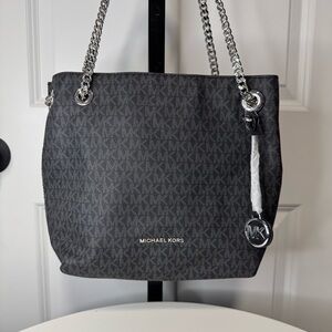 Michael Kors Jet Set Travel Chain Tote Black MK Logo Canvas Silver